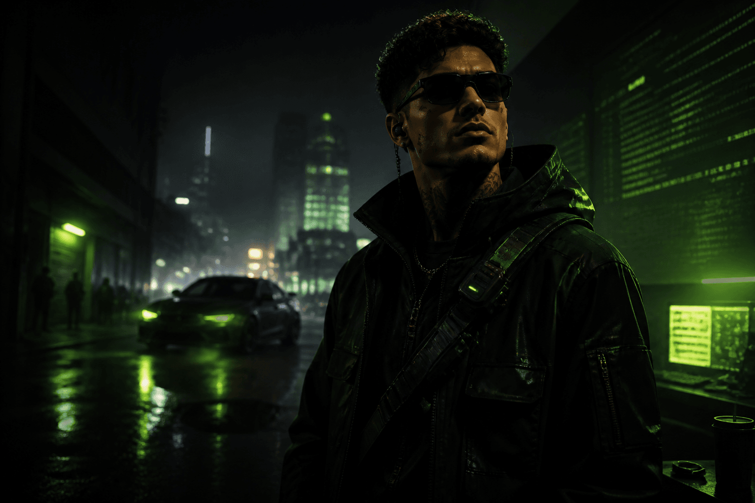 An original FiveM roleplay character in a dark neon-lit city