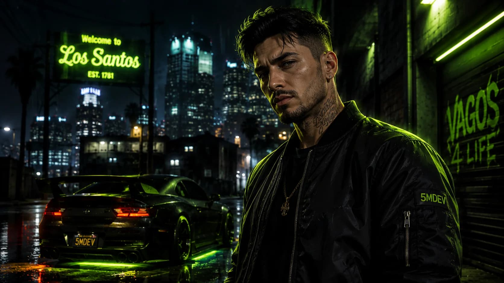 An original FiveM roleplay character in a dark neon-lit city