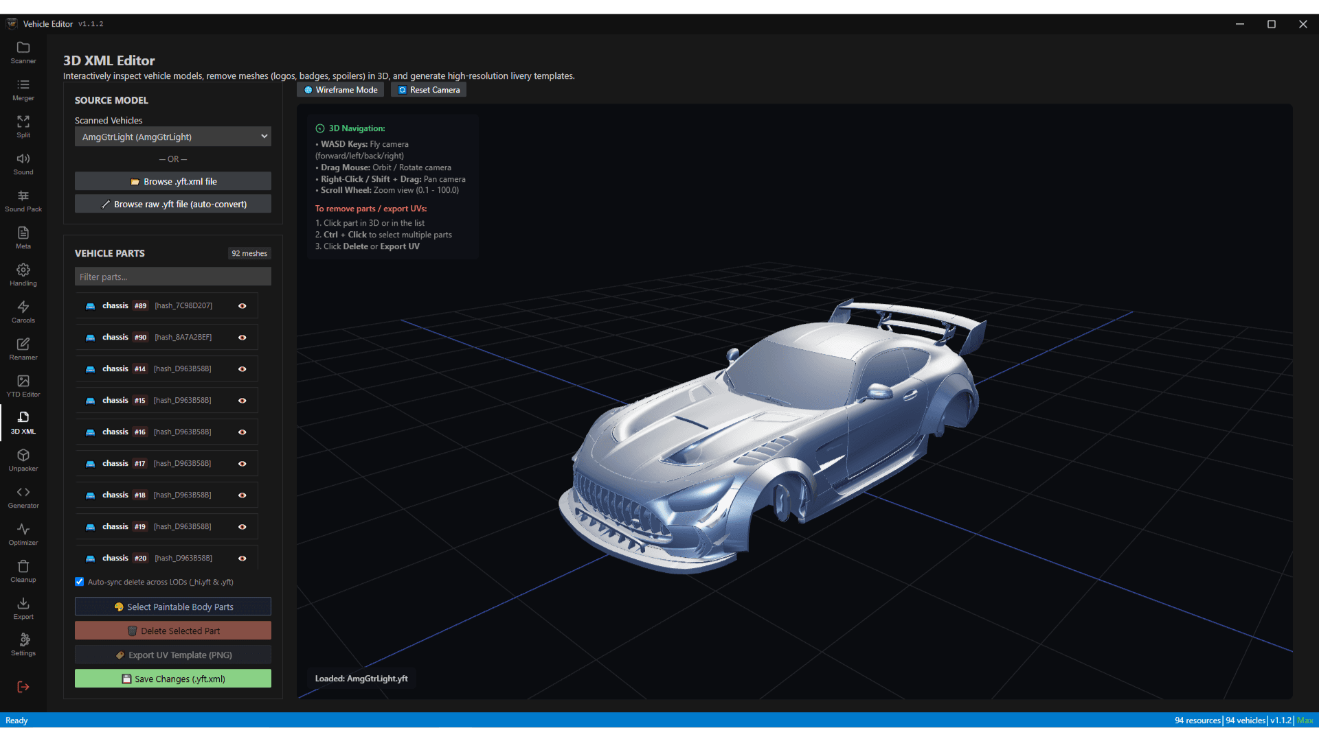5Mdev FiveM Vehicle Editor showing a vehicle model in the 3D XML Editor